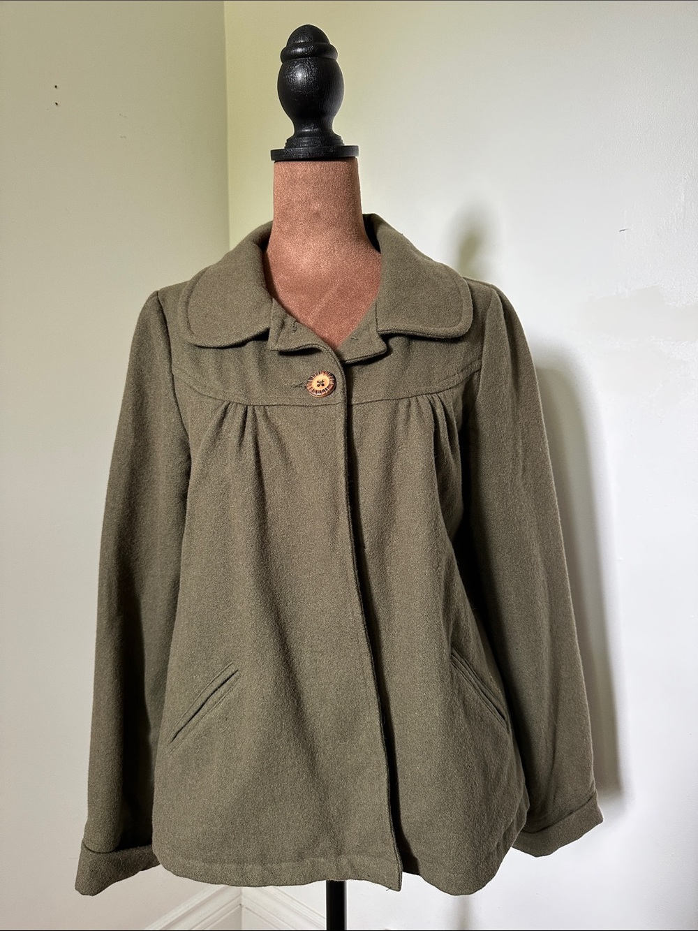 BILLABONG Vintage Green Wool Blend Twee Swing Style Empire Waist Peacoat Medium